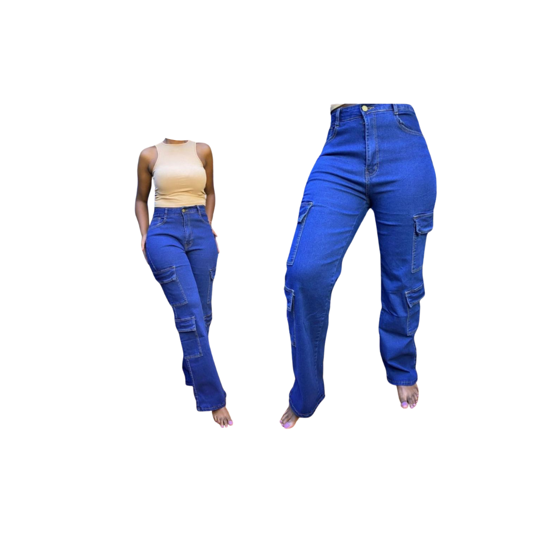 High-Waisted Blue Denim Cargo Pants